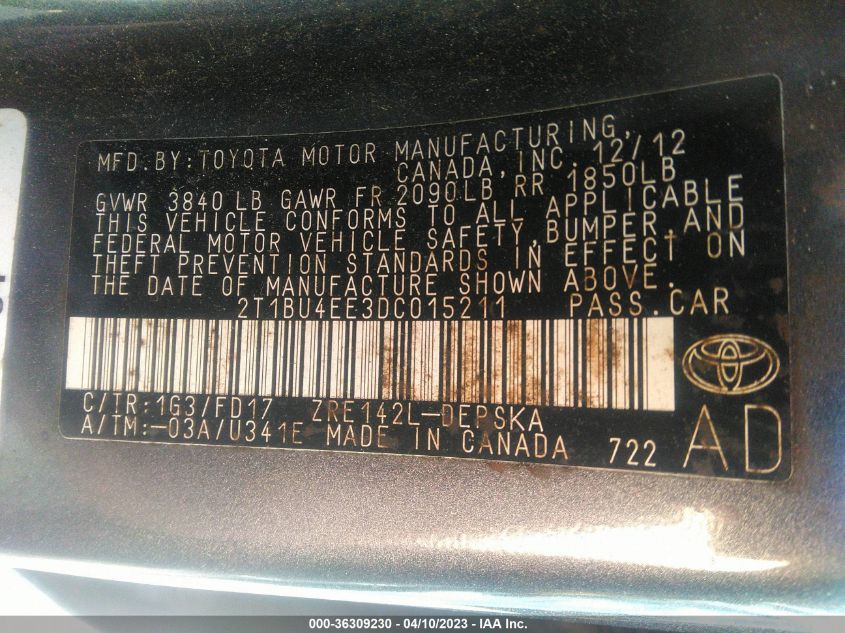 2013 TOYOTA COROLLA L/LE/S - 2T1BU4EE3DC015211