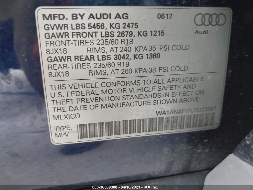 2018 AUDI Q5 PREMIUM/TECH PREMIUM - WA1ANAFYXJ2022967