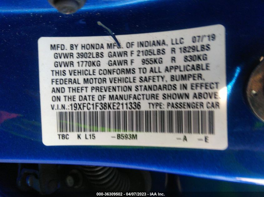 2019 HONDA CIVIC SEDAN EX - 19XFC1F38KE211336