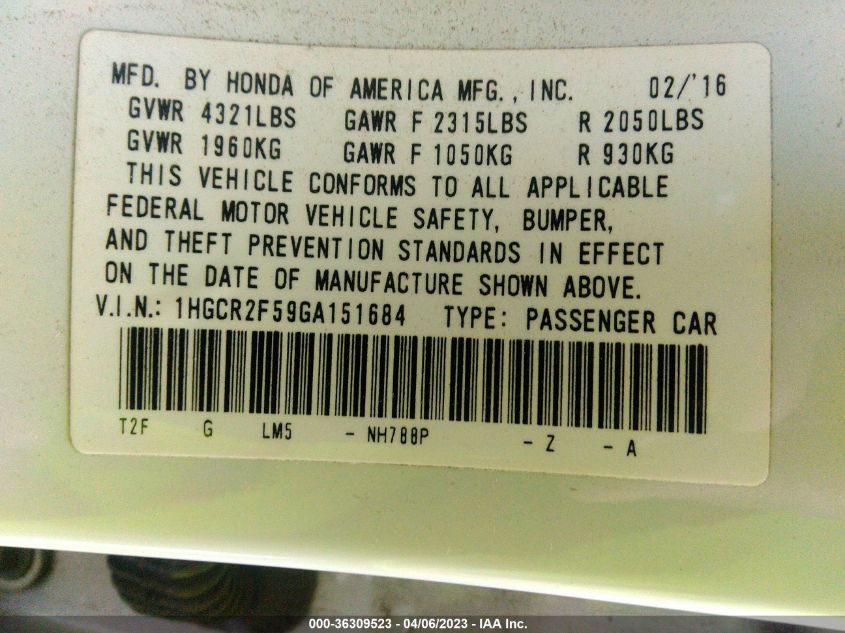 2016 HONDA ACCORD SEDAN SPORT - 1HGCR2F59GA151684