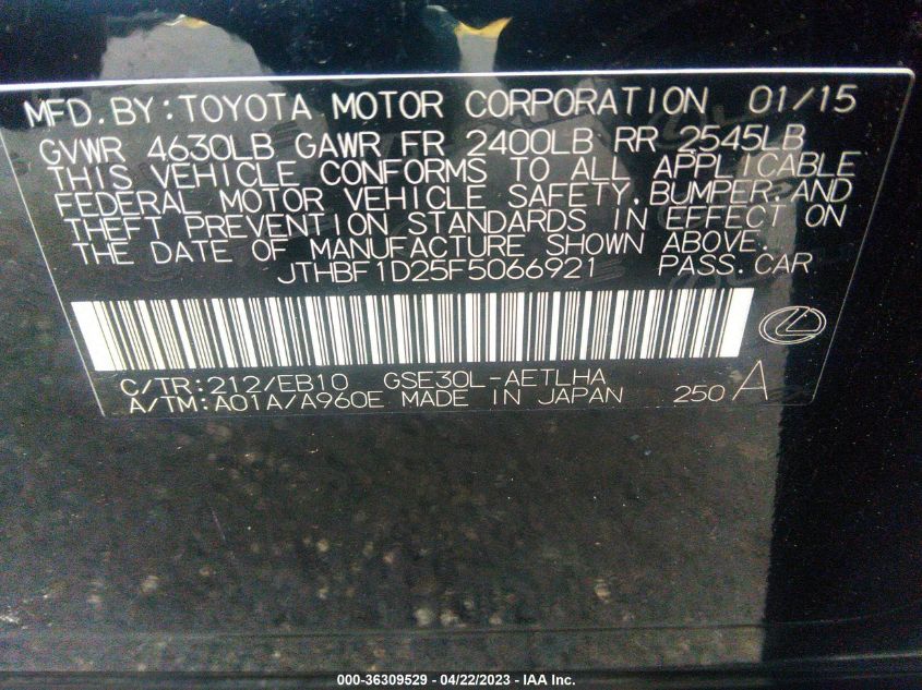 2015 LEXUS IS 250 - JTHBF1D25F5066921