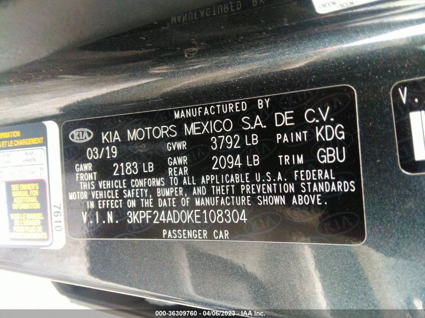 2019 KIA FORTE LXS - 3KPF24AD0KE108304