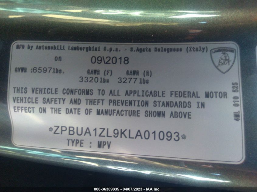 2019 LAMBORGHINI URUS ZPBUA1ZL9KLA01093