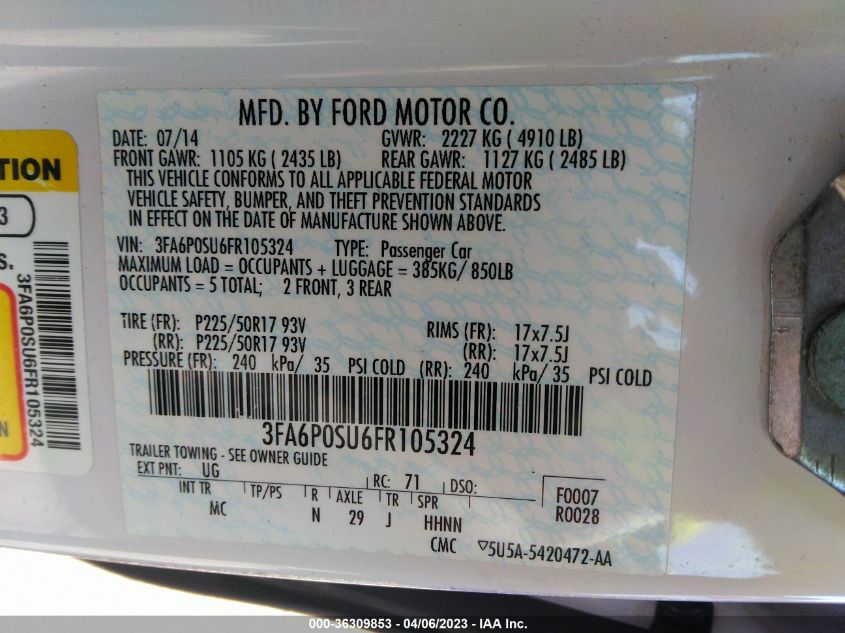 2015 FORD FUSION ENERGI TITANIUM - 3FA6P0SU6FR105324