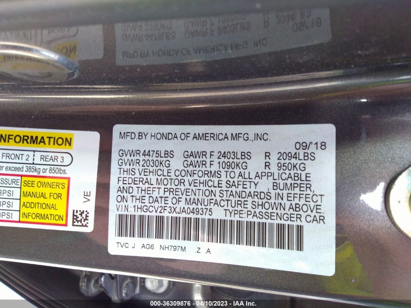 2018 HONDA ACCORD SEDAN SPORT 2.0T - 1HGCV2F3XJA049375