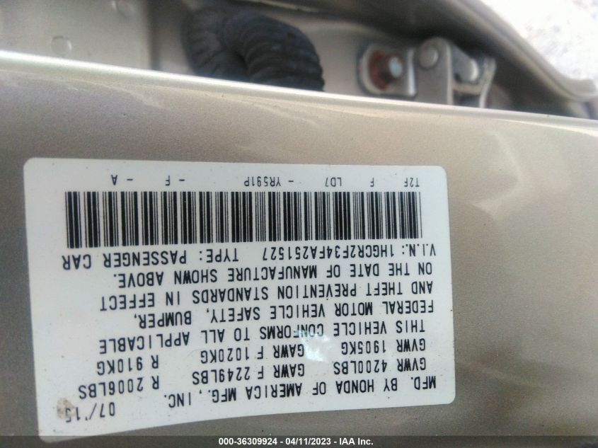 2015 HONDA ACCORD SEDAN LX - 1HGCR2F34FA251527