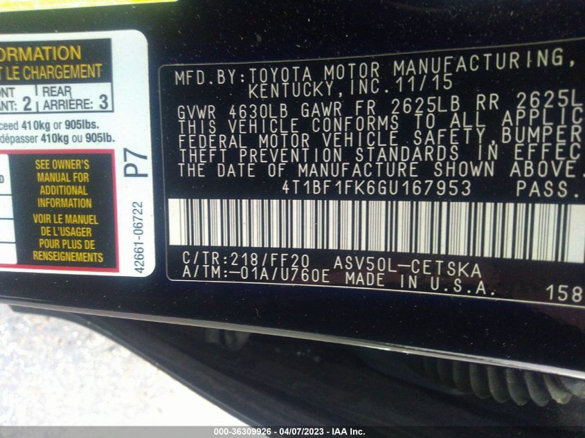 2016 TOYOTA CAMRY XLE/SE/LE/XSE - 4T1BF1FK6GU167953