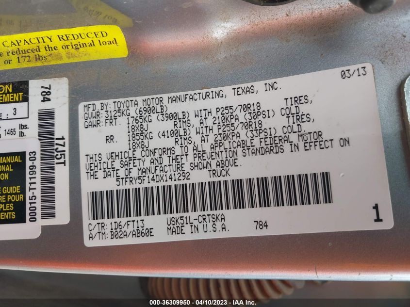 2013 TOYOTA TUNDRA 2WD TRUCK - 5TFRY5F14DX141292