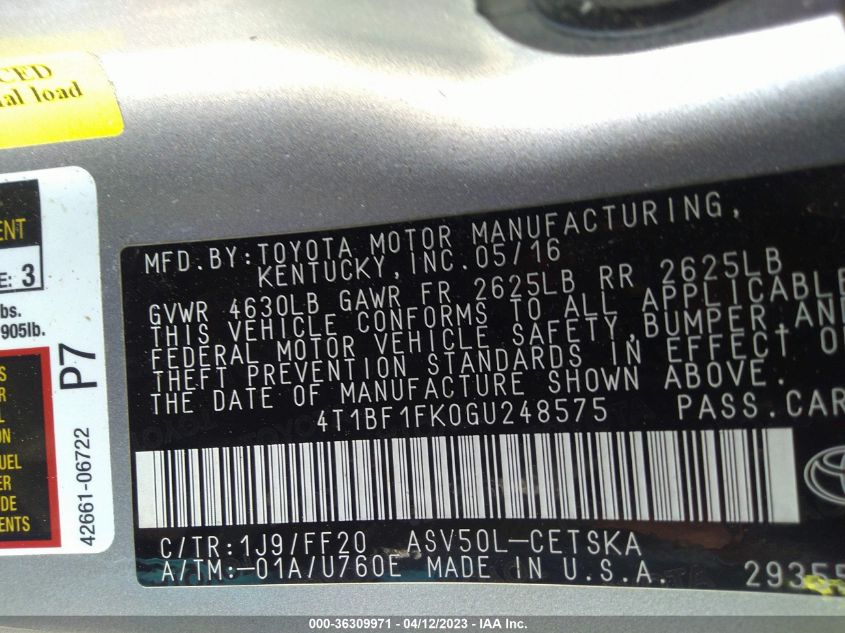 2016 TOYOTA CAMRY SE - 4T1BF1FK0GU248575