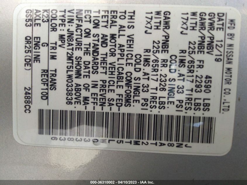 2020 NISSAN ROGUE SV - JN8AT2MT5LW033836