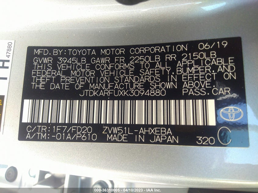 VIN JTDKARFUXK3094880 2019 TOYOTA PRIUS L ECO/LE/XLE/LIMITED