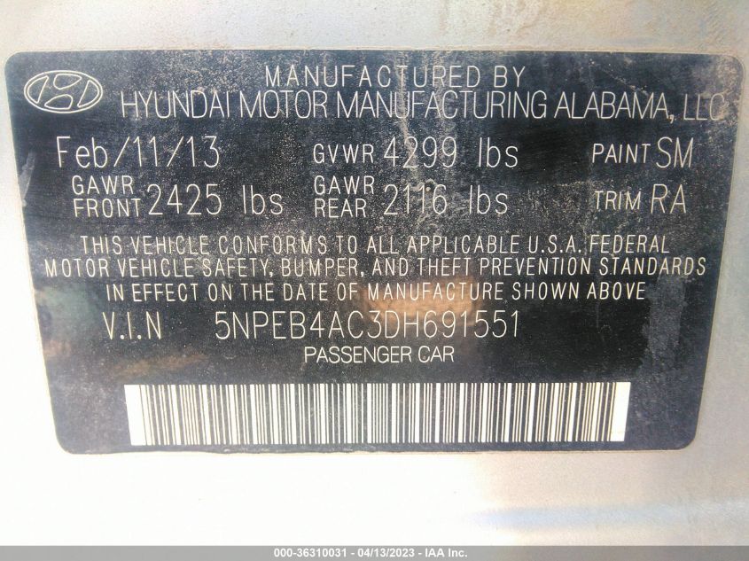 2013 HYUNDAI SONATA GLS - 5NPEB4AC3DH691551