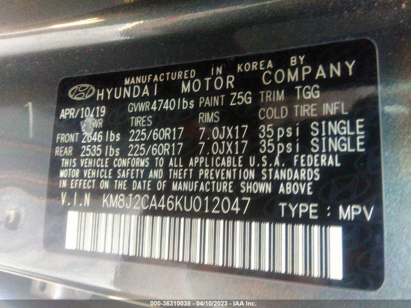 2019 HYUNDAI TUCSON SE - KM8J2CA46KU012047