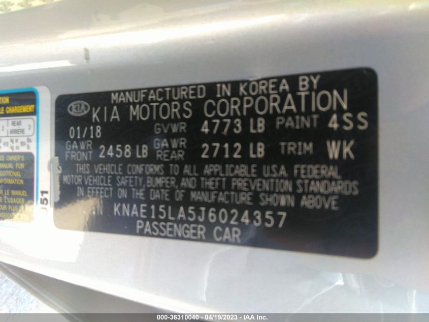 2018 KIA STINGER BASE - KNAE15LA5J6024357