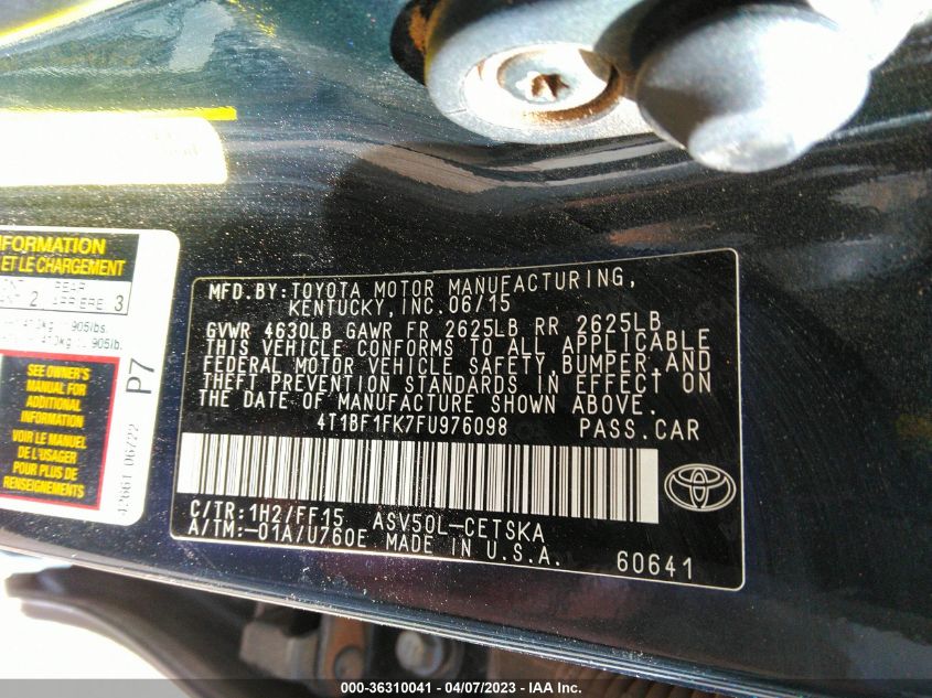 2015 TOYOTA CAMRY XLE/SE/LE/XSE - 4T1BF1FK7FU976098