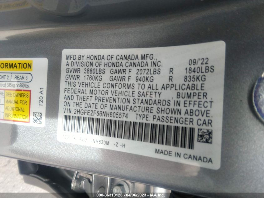 2022 HONDA CIVIC SEDAN SPORT - 2HGFE2F56NH605574