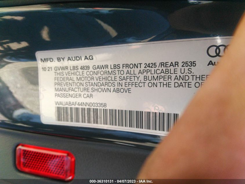 2022 AUDI A4 SEDAN PREMIUM - WAUABAF44NN003358