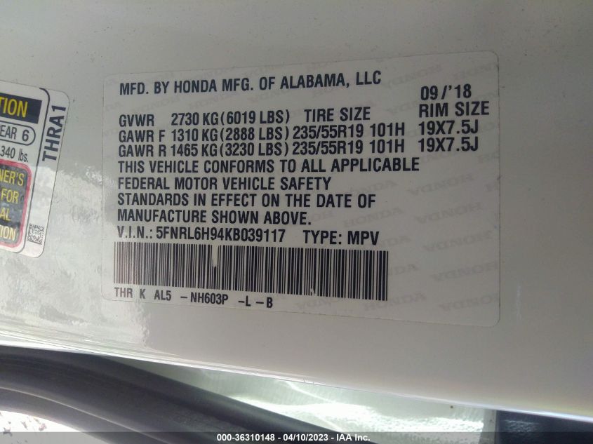 2019 HONDA ODYSSEY ELITE - 5FNRL6H94KB039117