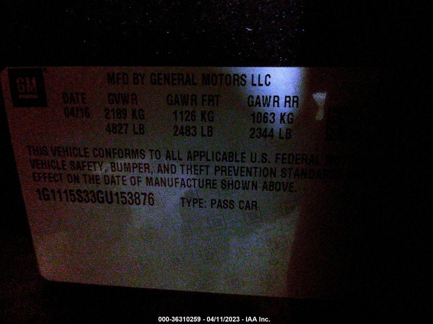 2016 CHEVROLET IMPALA LT - 1G1115S33GU153876