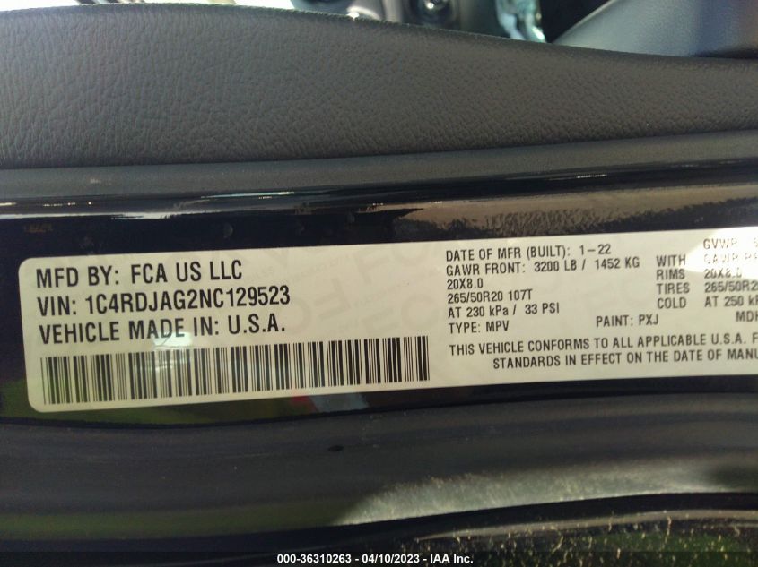 2022 DODGE DURANGO SXT - 1C4RDJAG2NC129523
