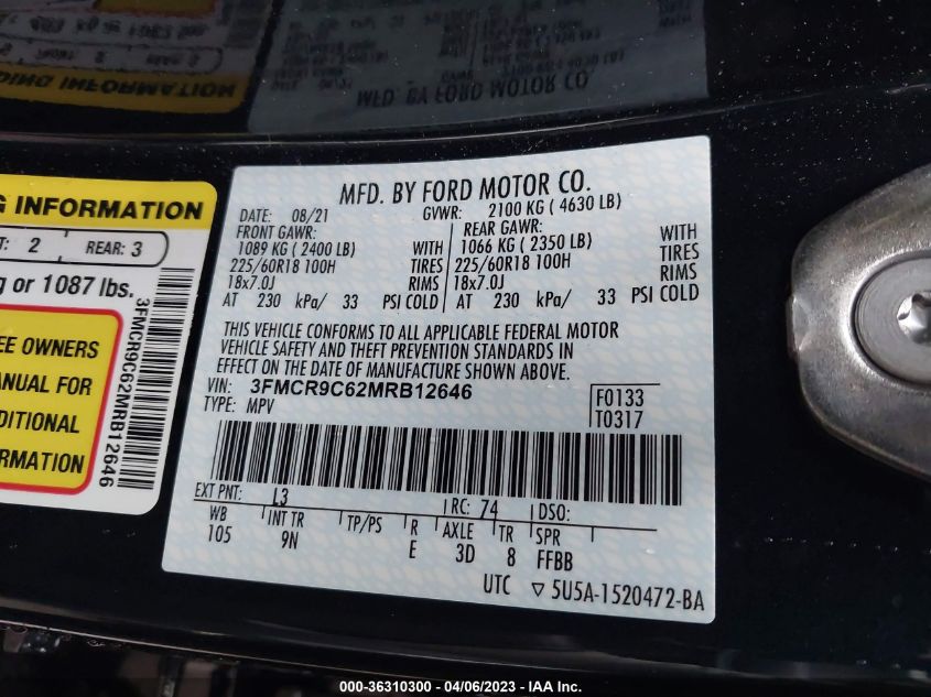2021 FORD BRONCO SPORT OUTER BANKS - 3FMCR9C62MRB12646