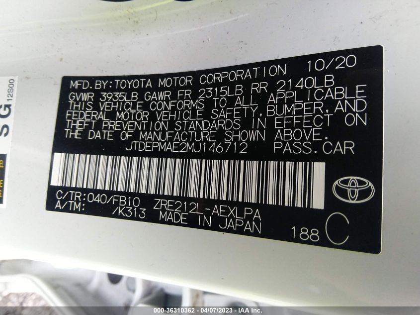 2021 TOYOTA COROLLA LE - JTDEPMAE2MJ146712