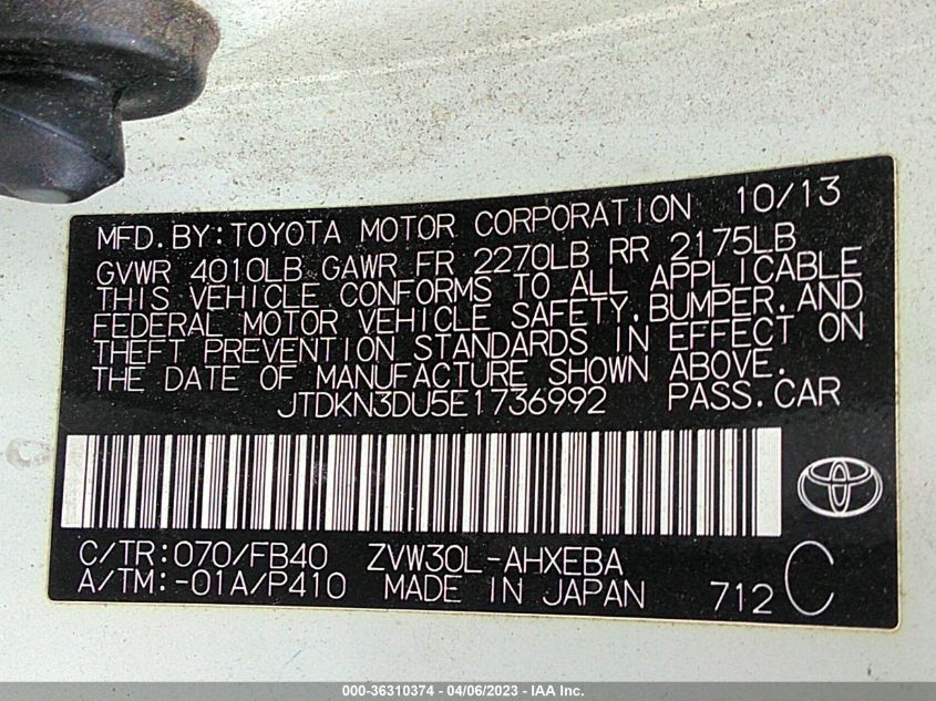 2014 TOYOTA PRIUS FOUR/FIVE/THREE/ONE/TWO - JTDKN3DU5E1736992