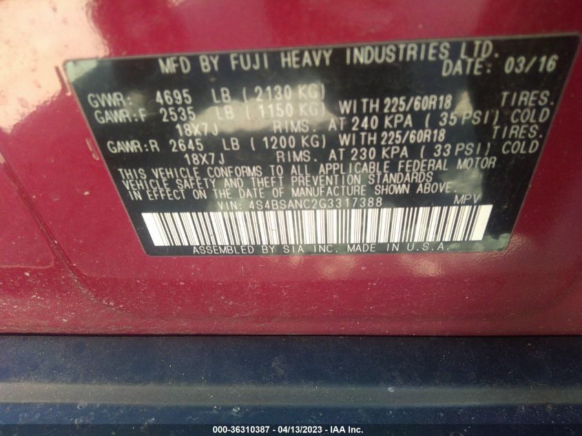 2016 SUBARU OUTBACK 2.5I LIMITED - 4S4BSANC2G3317388