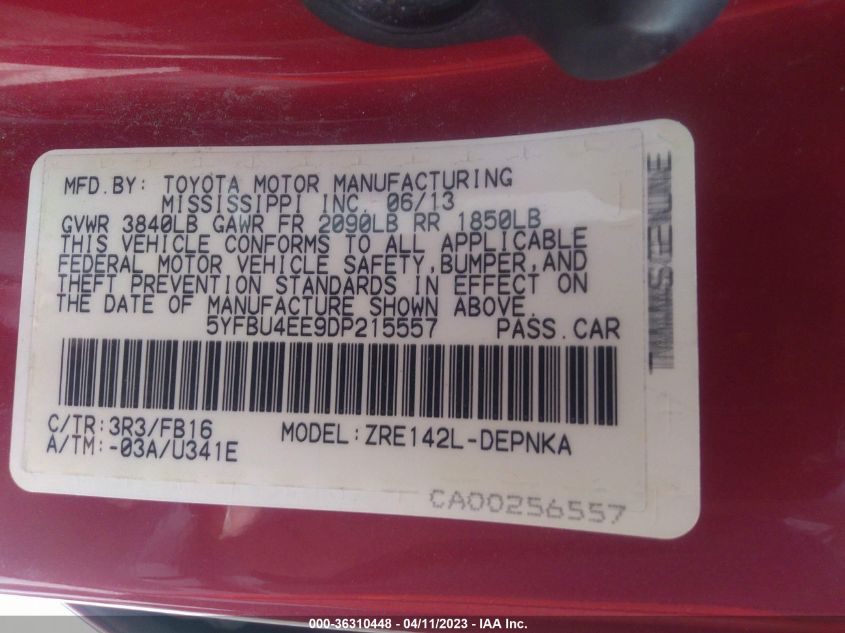2013 TOYOTA COROLLA L/LE/S - 5YFBU4EE9DP215557