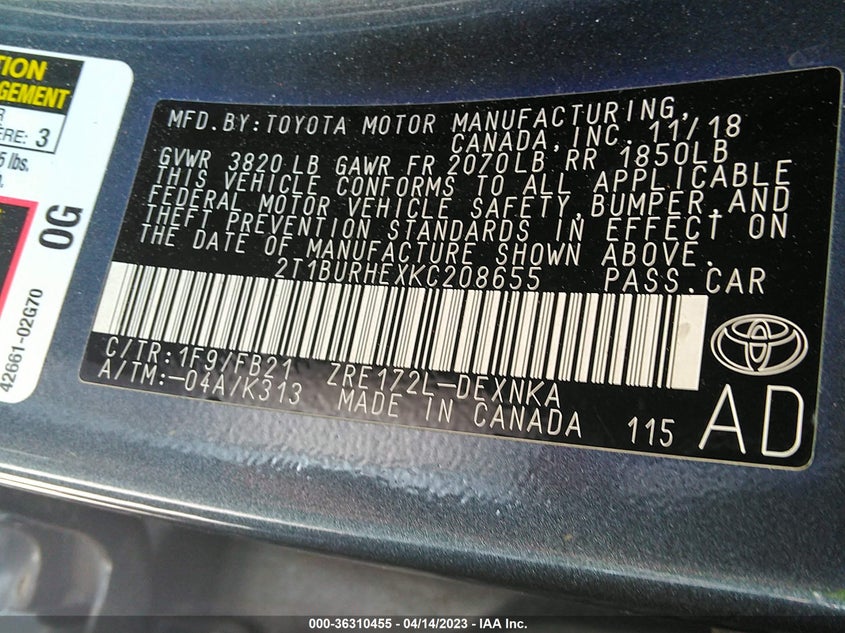 VIN 2T1BURHEXKC208655 2019 TOYOTA COROLLA L/LE/SE/XLE/XSE