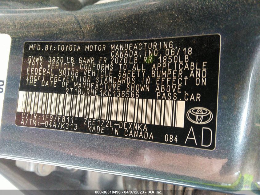 2019 TOYOTA COROLLA SE - 2T1BURHE1KC136566