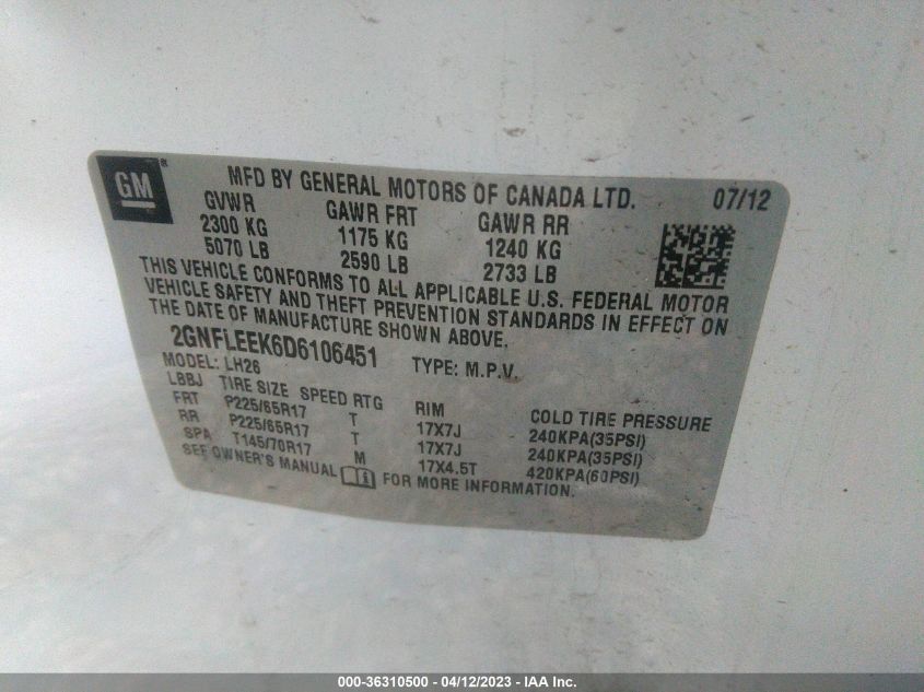 2013 CHEVROLET EQUINOX LT - 2GNFLEEK6D6106451