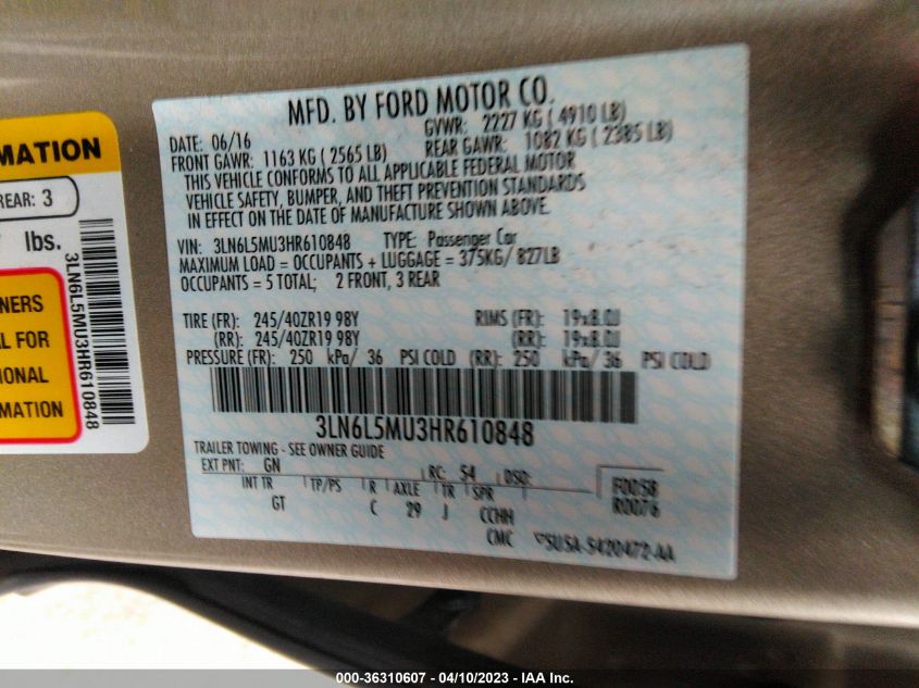 2017 LINCOLN MKZ HYBRID RESERVE - 3LN6L5MU3HR610848