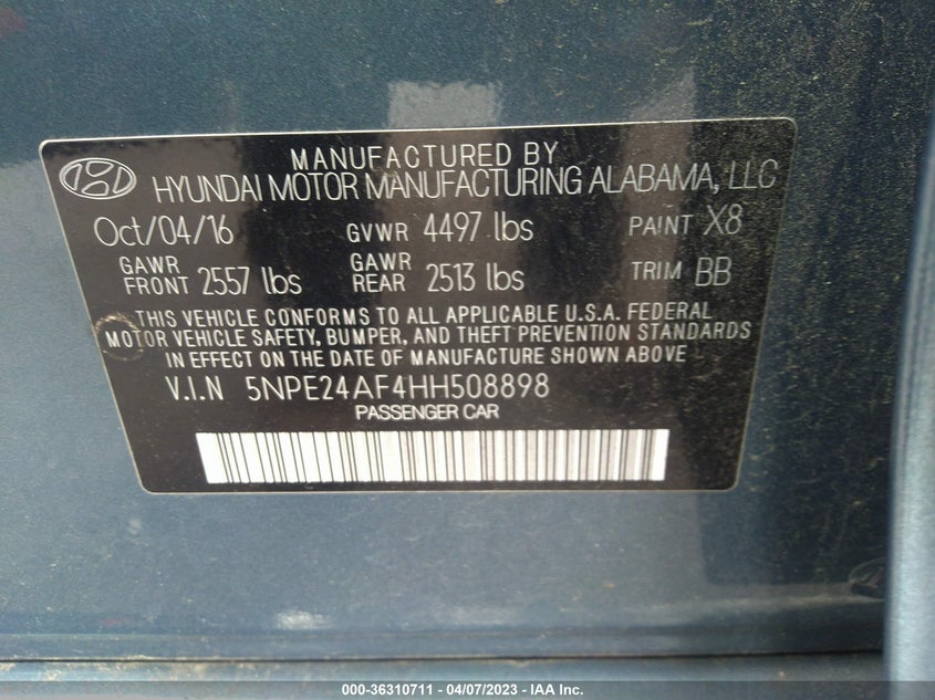 VIN 5NPE24AF4HH508898 2017 HYUNDAI SONATA SE