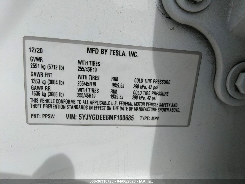 2021 TESLA MODEL Y LONG RANGE - 5YJYGDEE6MF100685