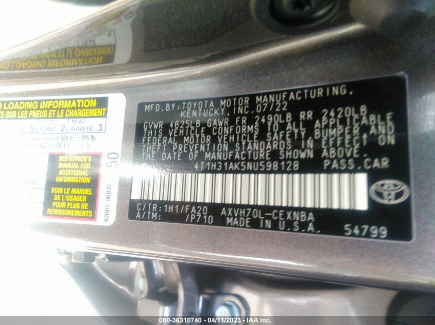 2022 TOYOTA CAMRY HYBRID LE - 4T1H31AK5NU598128