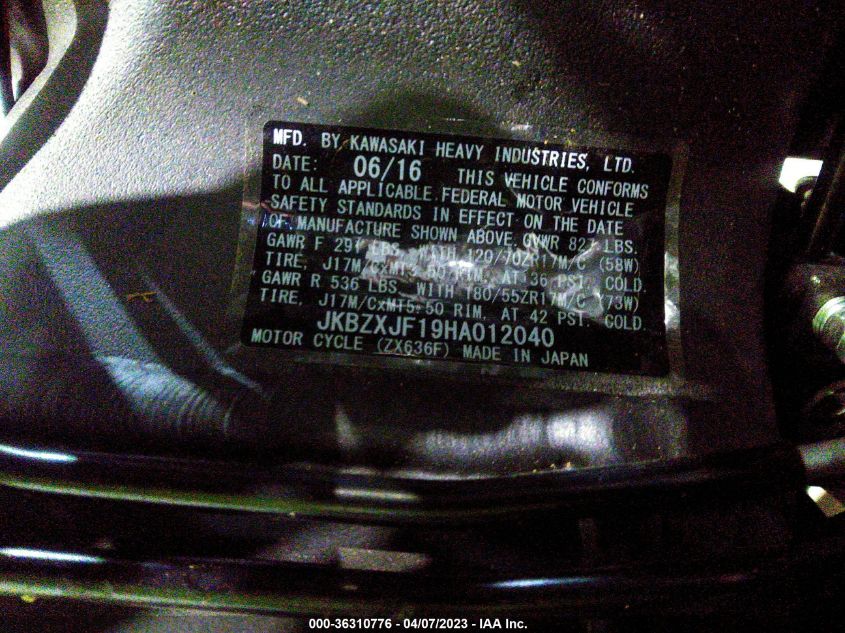 2017 KAWASAKI ZX636 F JKBZXJF19HA012040