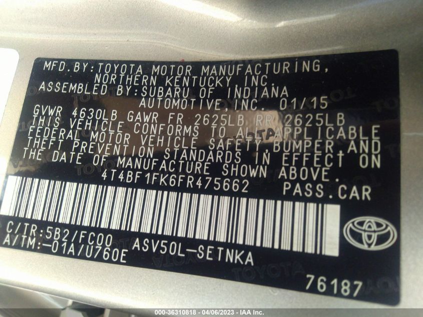 2015 TOYOTA CAMRY XLE/SE/LE/XSE - 4T4BF1FK6FR475662