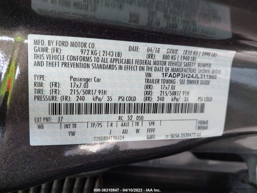 2018 FORD FOCUS SEL - 1FADP3H24JL311960