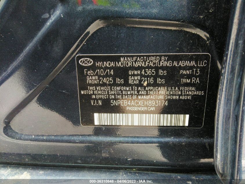 2014 HYUNDAI SONATA GLS - 5NPEB4ACXEH893174