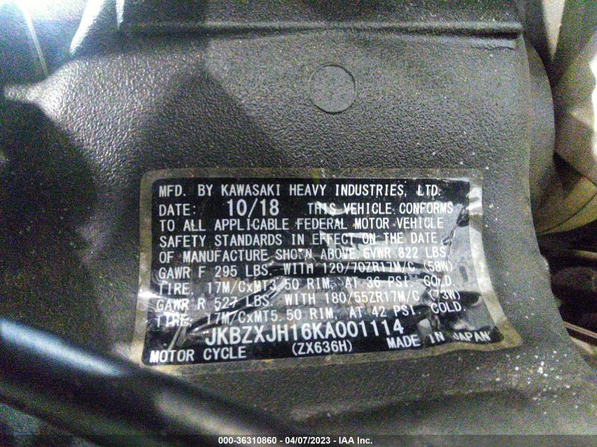 2019 KAWASAKI ZX636 K JKBZXJH16KA001114