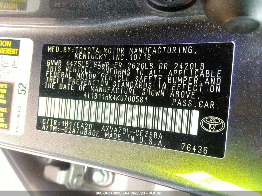 2019 TOYOTA CAMRY LE/SE/XLE/L - 4T1B11HK4KU700581