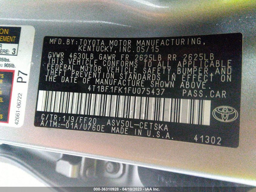 2015 TOYOTA CAMRY XLE/SE/LE/XSE - 4T1BF1FK1FU075437