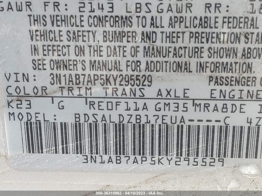 2019 NISSAN SENTRA SV - 3N1AB7AP5KY295529