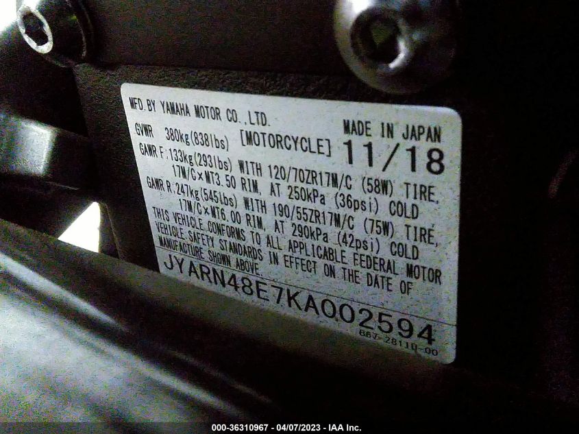 2019 YAMAHA MTN1000 JYARN48E7KA002594