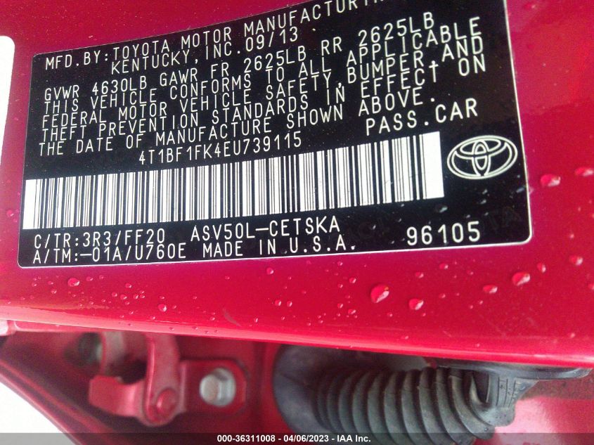 2014 TOYOTA CAMRY L/LE/XLE/SE/SE SPORT - 4T1BF1FK4EU739115