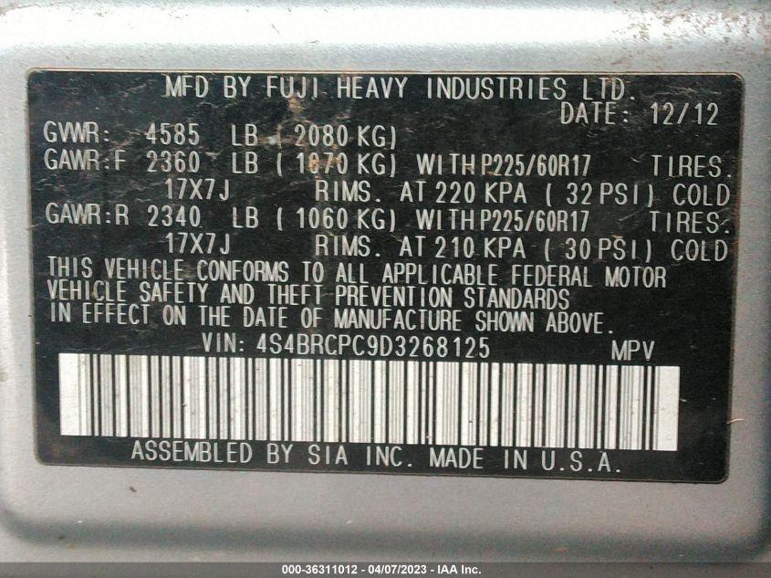 2013 SUBARU OUTBACK 2.5I LIMITED - 4S4BRCPC9D3268125