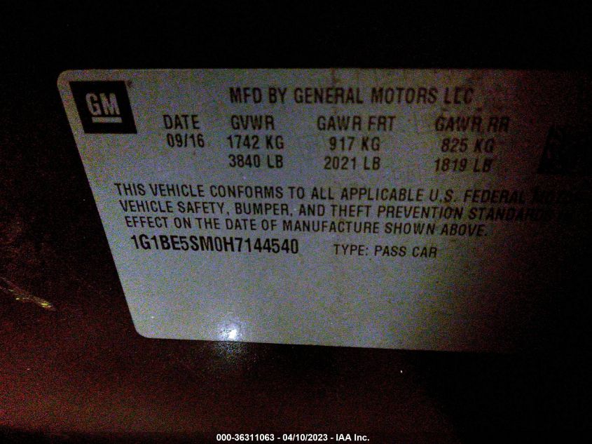 2017 CHEVROLET CRUZE LT - 1G1BE5SM0H7144540