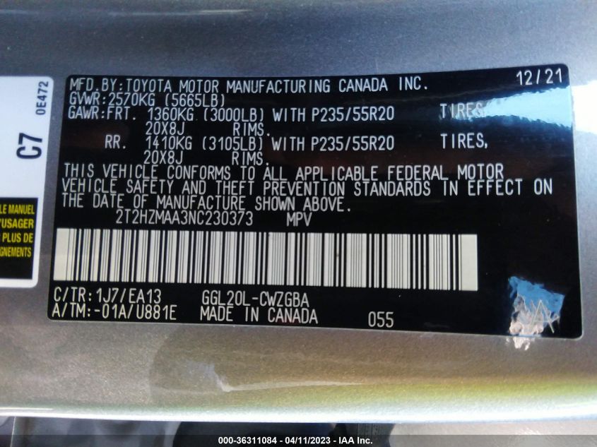 2022 LEXUS RX RX 350 - 2T2HZMAA3NC230373
