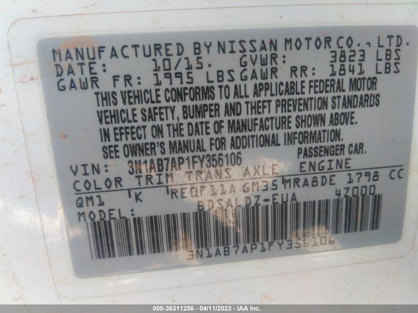 2015 NISSAN SENTRA SV - 3N1AB7AP1FY356106